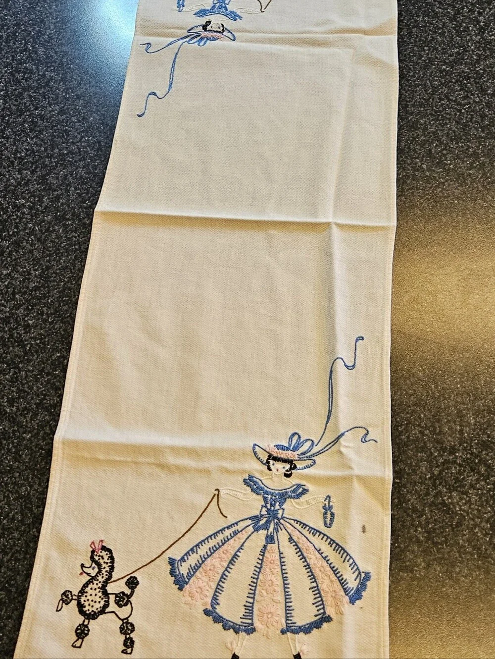 Vintage Embroidered Table Runner Poodle Lady Walk Dog MCM Mid Century
